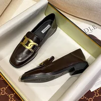 2024 Spring Woman Square Toe Platform Thick Sole Cute Flats Metal Square Buckle Female Flats Retro Style Versatile Loafer Shoes 1