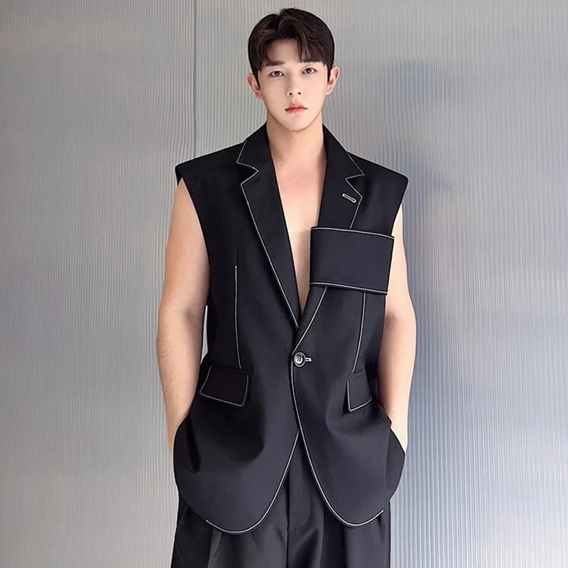 Personality Korean Fashion Design Long Suit Vest Mens Casual Long Suit Waistcoat Chic Style Sleeveless Jacket Gilet Homme 5