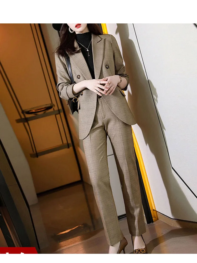 Tesco Women's Suit 2 Piece Plaid Blazer Pants Autumn Winter Sets Elegant Senior Jacket Suit For Female Clothing blazer mujer