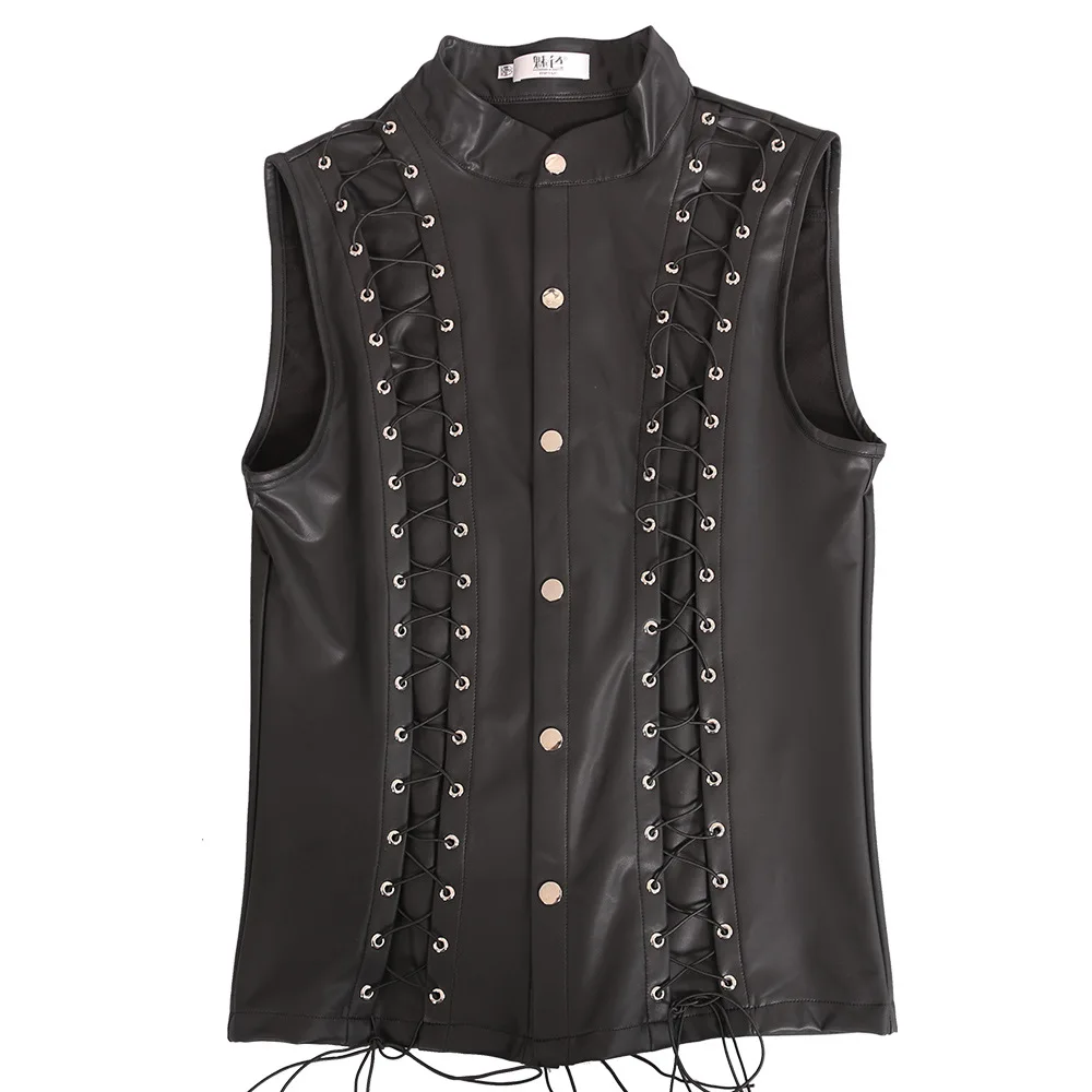 Men's Punk Style Leather Vests With Bandage Fashion Club Stage Wear Waistcoat Skinny PU Sleeveless Jacket For Male Size M-4XL 5