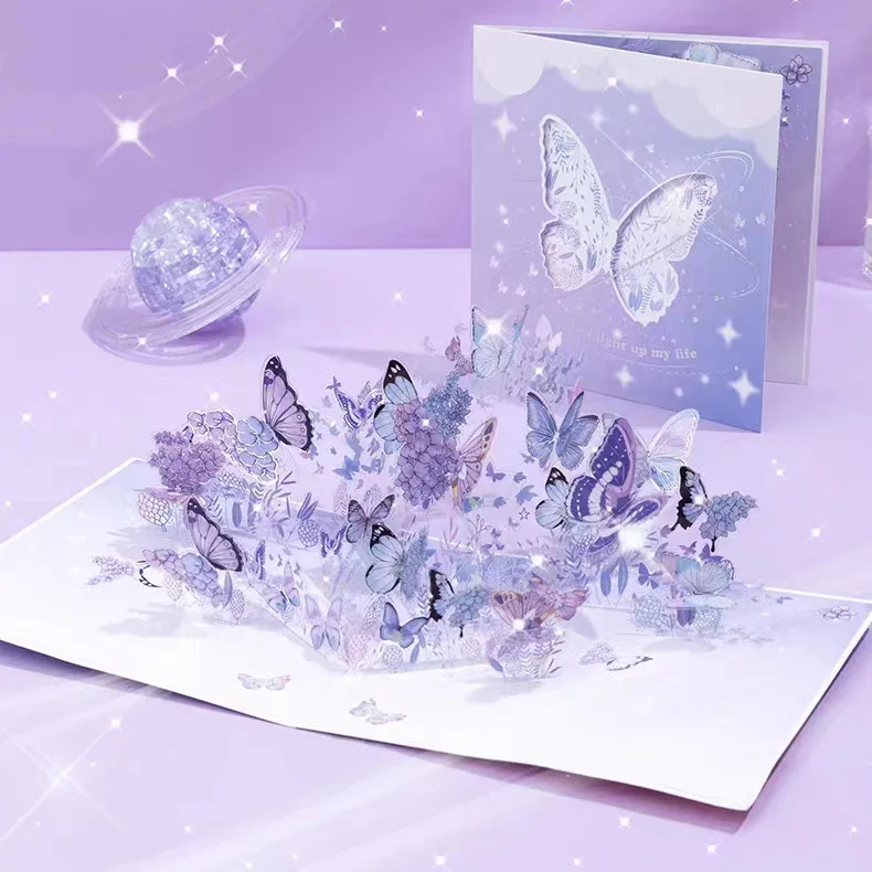 Purple Butterfly Birthday Pop Up Card,PVC graceful butterfly swaying Flower 3D Greeting Card Gift for All Occasion greeting cards