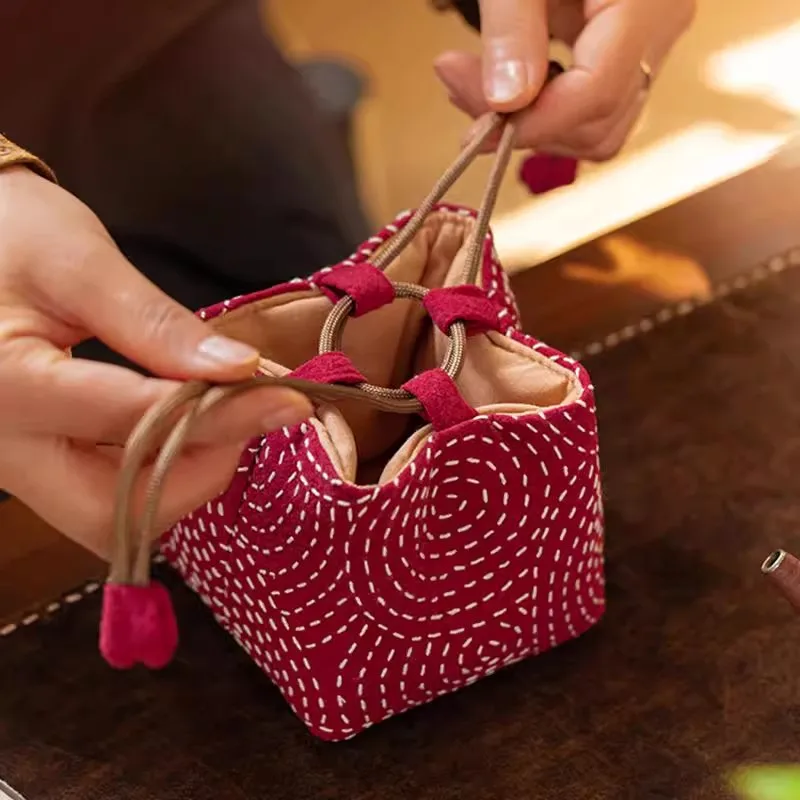Chinese Vintage Sashiko Embroidery Tea Cup Pouch Thickened Travel Storage Bag for Zisha Teapot & Tea Set, Tea Accessories Organi