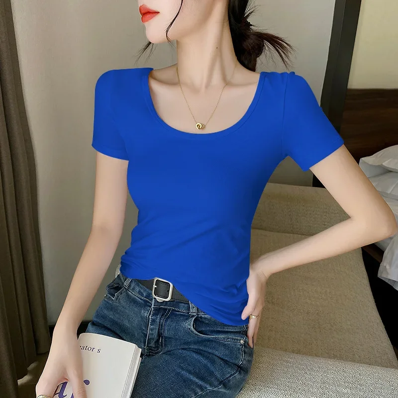 

2024 Повседневная однотонная Хлопковая женская одежда с коротким рукавом и круглым вырезом