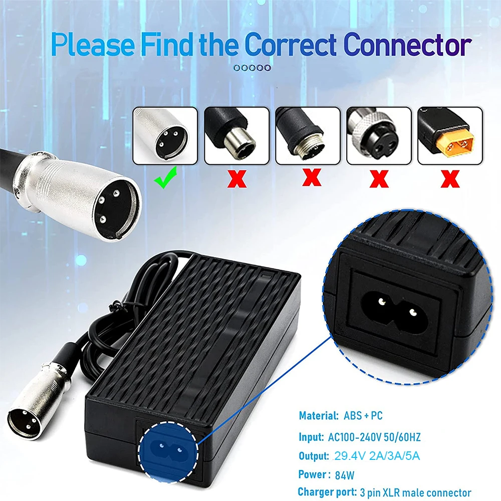 29.4V 2A 5A 충전기 (24V 배터리용) - 몽구스, 재지, GT, eZip, 고고 엘리트 트래블러 호환, 3핀 XLR 남성 플러그 포함