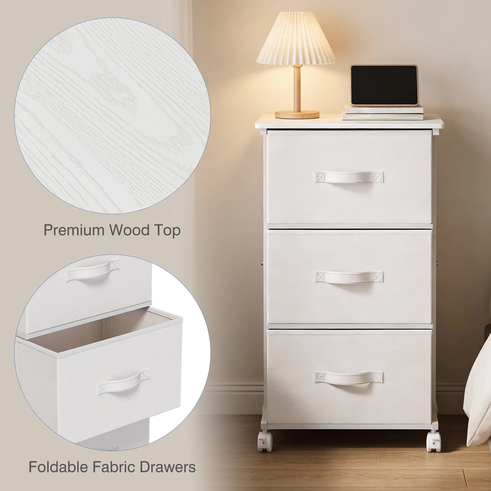 MCQ Movable Roller Cabinet With 3 Foldable Fabric Drawers Wooden Top Dresser Tables With Steel Structure Display Of Furniture