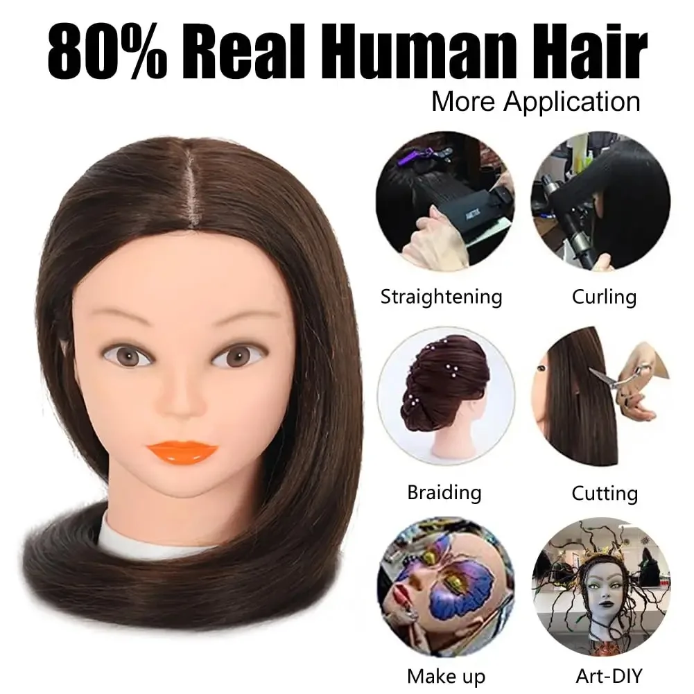Premium Mannequin Head With Long Straight Hair 80% Human Hair Manikin Practice Head With Clamp Stand and Tools For Hairdresser
