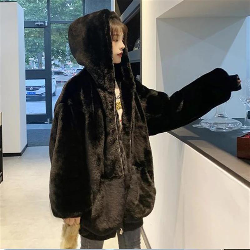 Thicken Warm Loose Faux Furs Jackets Hooded Korean Winter Coats Imitate Rabbit Fur 2023 Overcoat Women Casual Furry Jaqueta New