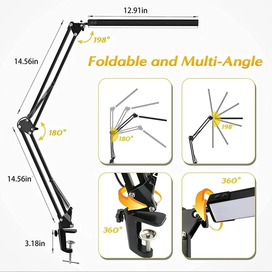 Adjustable LED Desk Lamp with Clamp - Dimmable Eye-Caring Light, 10 Brightness Levels & 3 Lighting Modes