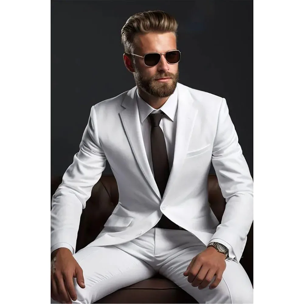 Handsome White Suit for Men Two Pieces (Jacket+Pants) Single Breasted Notch Lapel Costume Homme Business Wedding Groom's Set
