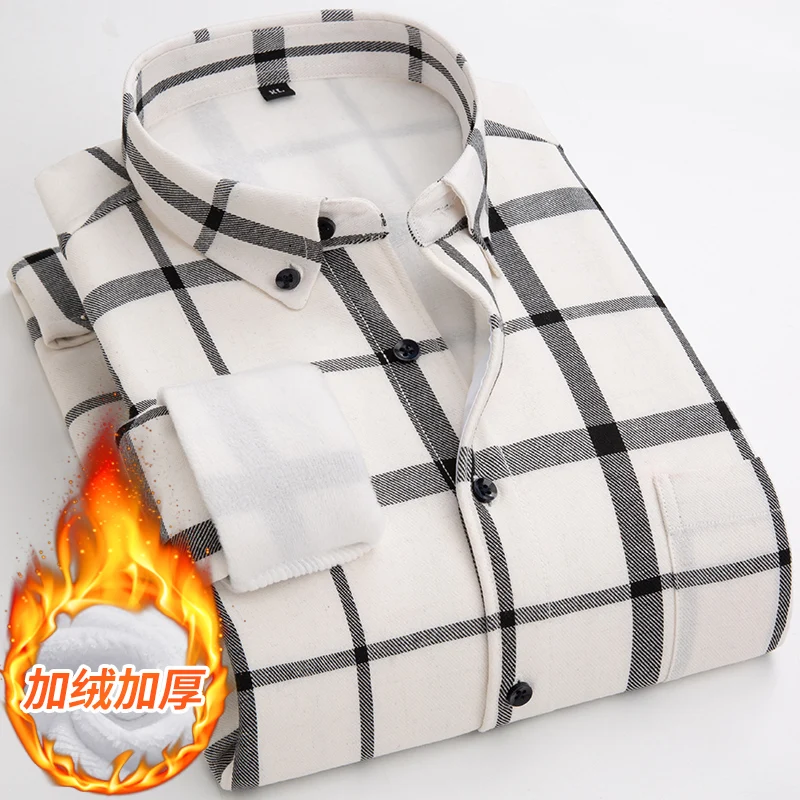 2022 Winter Thick Velvet Plaid Dress Shirt Men Casual Long Sleeve Warm Double Fleece Lining Shirts Fashion Soft Plus Size 5XL