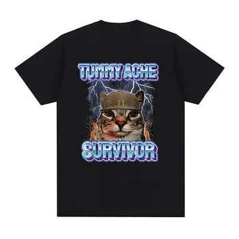 Vintage Tummy Ache Survivor Funny Cat Meme Printed Tee Shirt Women Clothing Fashion Short Sleeve T-shirt Casual Clothing 1