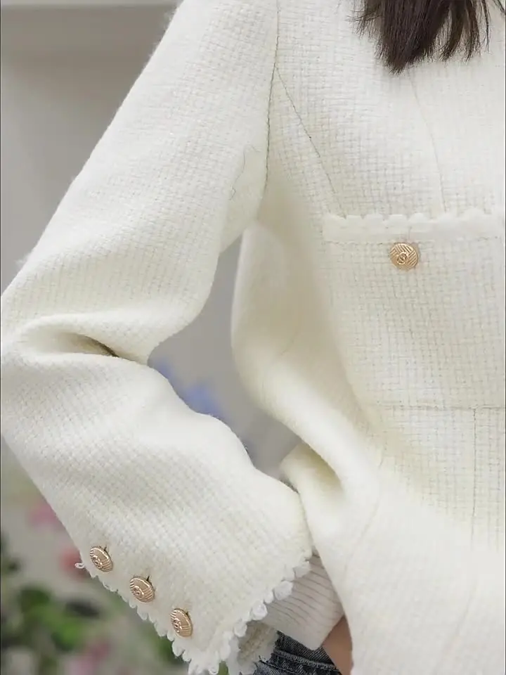 White Tweed Jacket for Women, Basic Wool Coat for Ladies, Wild