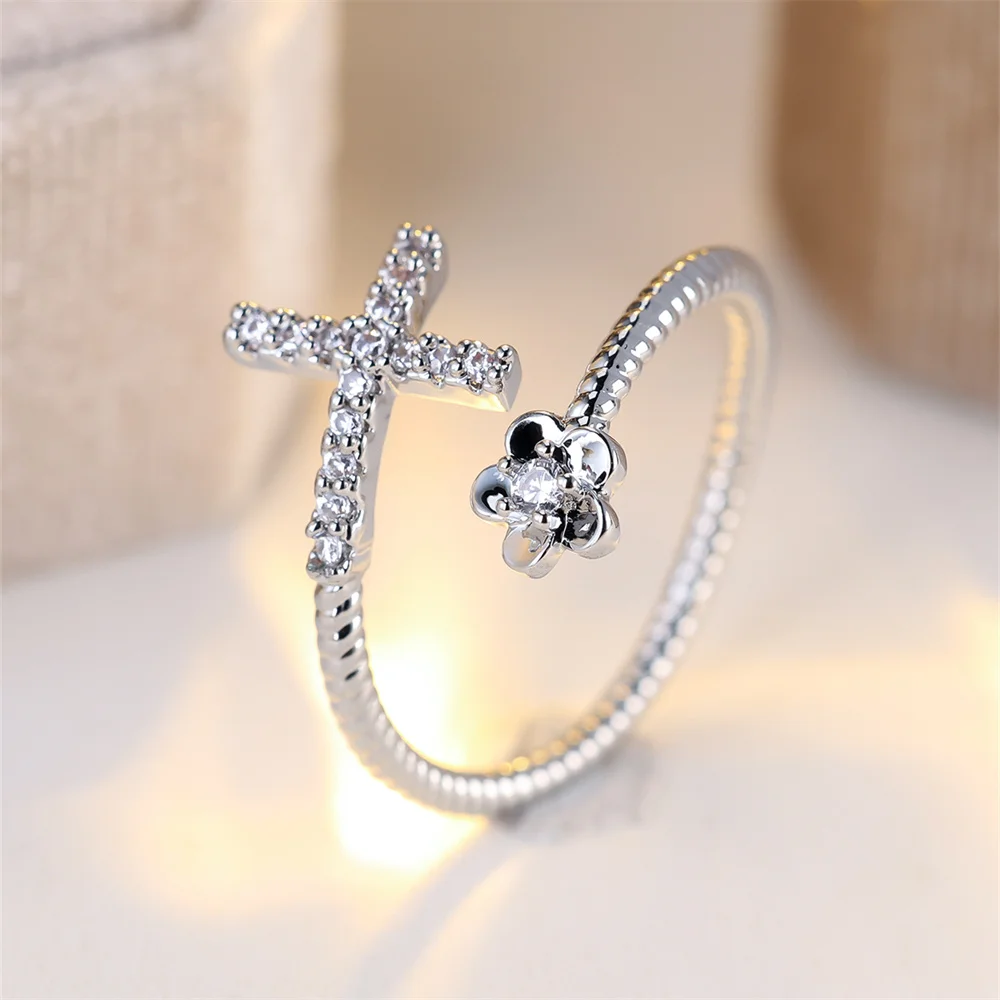 Cute Plumeria Flower White Zircon Cross Opening Ring Vintage Rose Gold Silver Color Wedding Bands Engagement Jewelry For Women