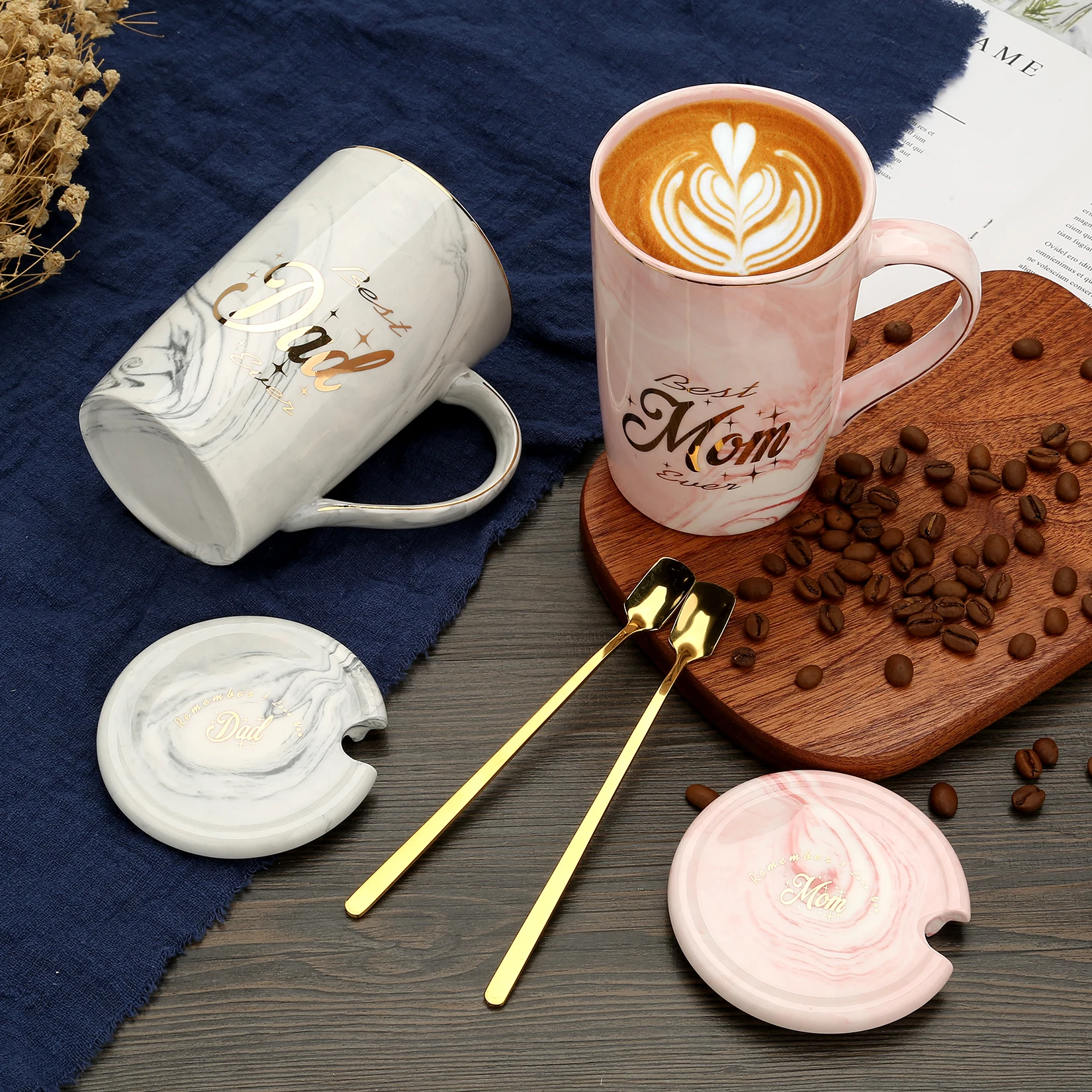 301-400ml Ceramic Coffee Cups Pink Mom and Dad Couple Mugs