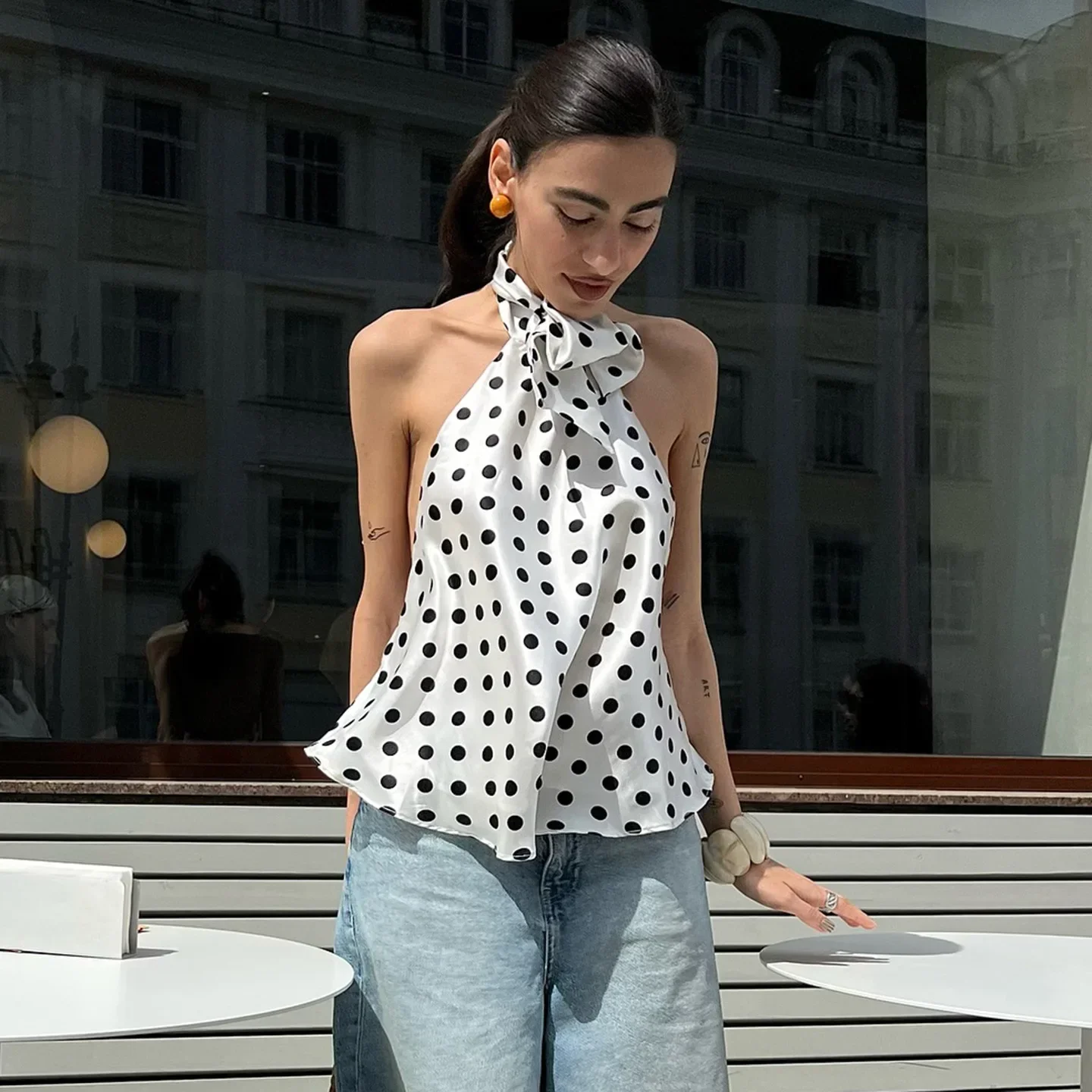Vintage Polka Dot Tank Top Sexy Hanging Neck Contrast Bow Ribbon Backless Top Fashion Party Looks Backless Tops Women