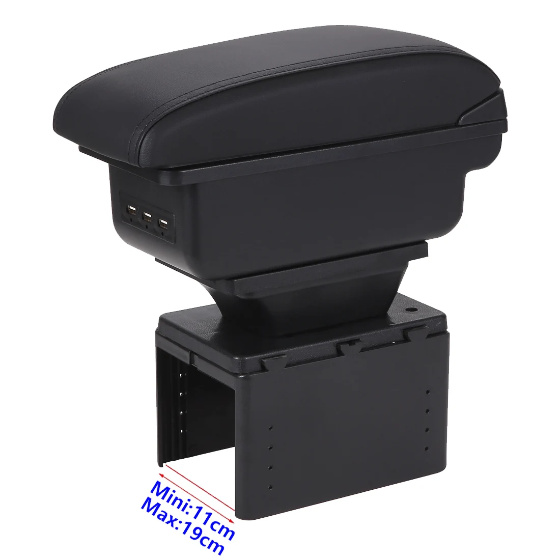 Yleismaailmallinen auton kyynärtuki esitettynä yhteensopivan mukitelineen yläpuolella