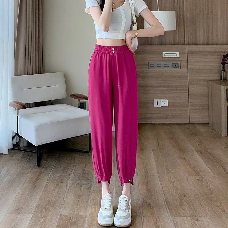 Ice Silk Quick Dried Solid Harun Trousers Lady Summer Thin High Waist Drape Button Nine Point Casual Straight Leg Wide Leg Pants