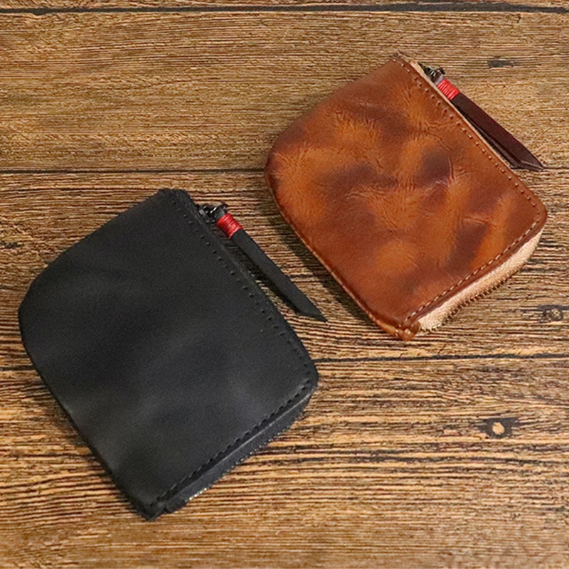 Coin Purse Coin Wallet Change Bag Vintage Men's Genuine Leather Mini Coin Purse Card Holder Case Wallet Clutch Male Short Zipper Small Change Pouch Bag Slim Purse