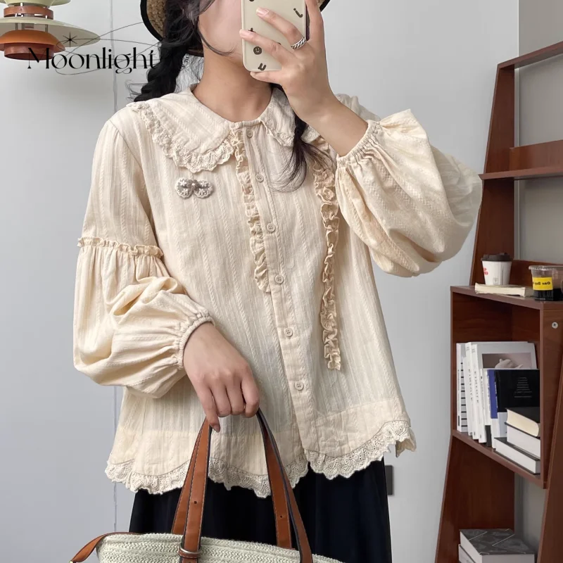 

New In Spring Vintage Long Sleeve Loose Shirt Women Japan Sweet Mori Girl Peter Pan Collar Cotton Linen Blouse Female Solid Tops