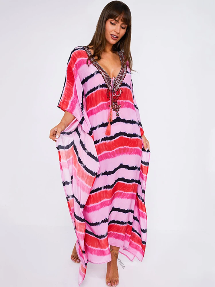 2023 Bohemian Striped Dress Sexy Deep V neckLong Summer Beach Dress