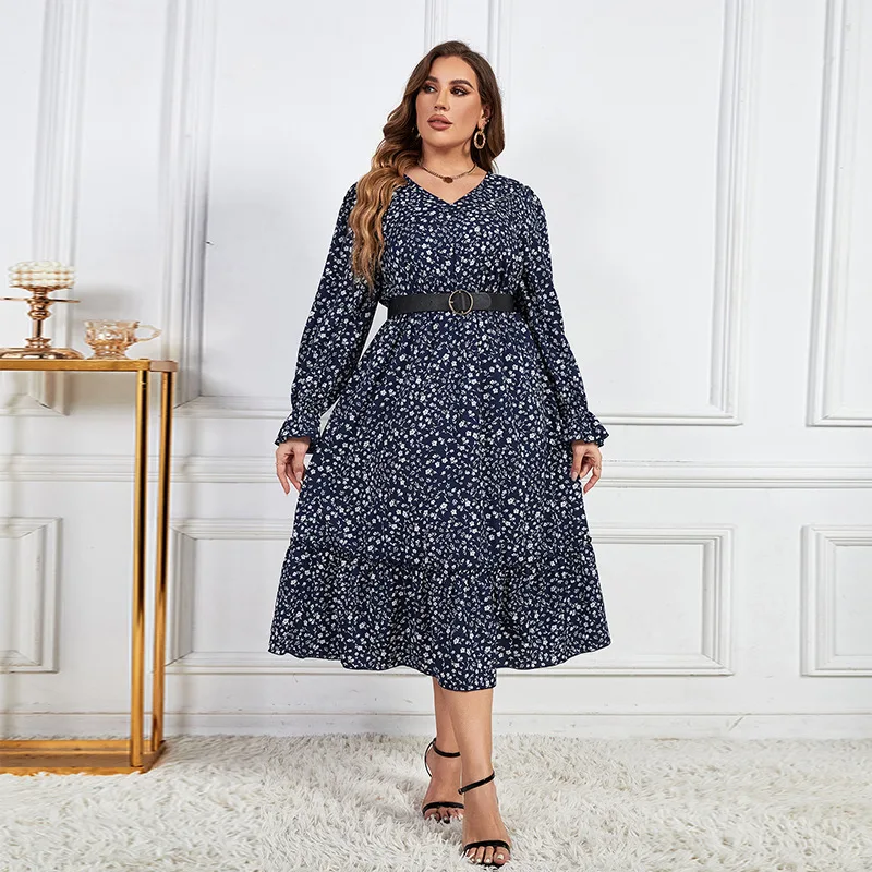 

Plus-Size Women V-Neck Loose Print High-Waisted Dress Spring