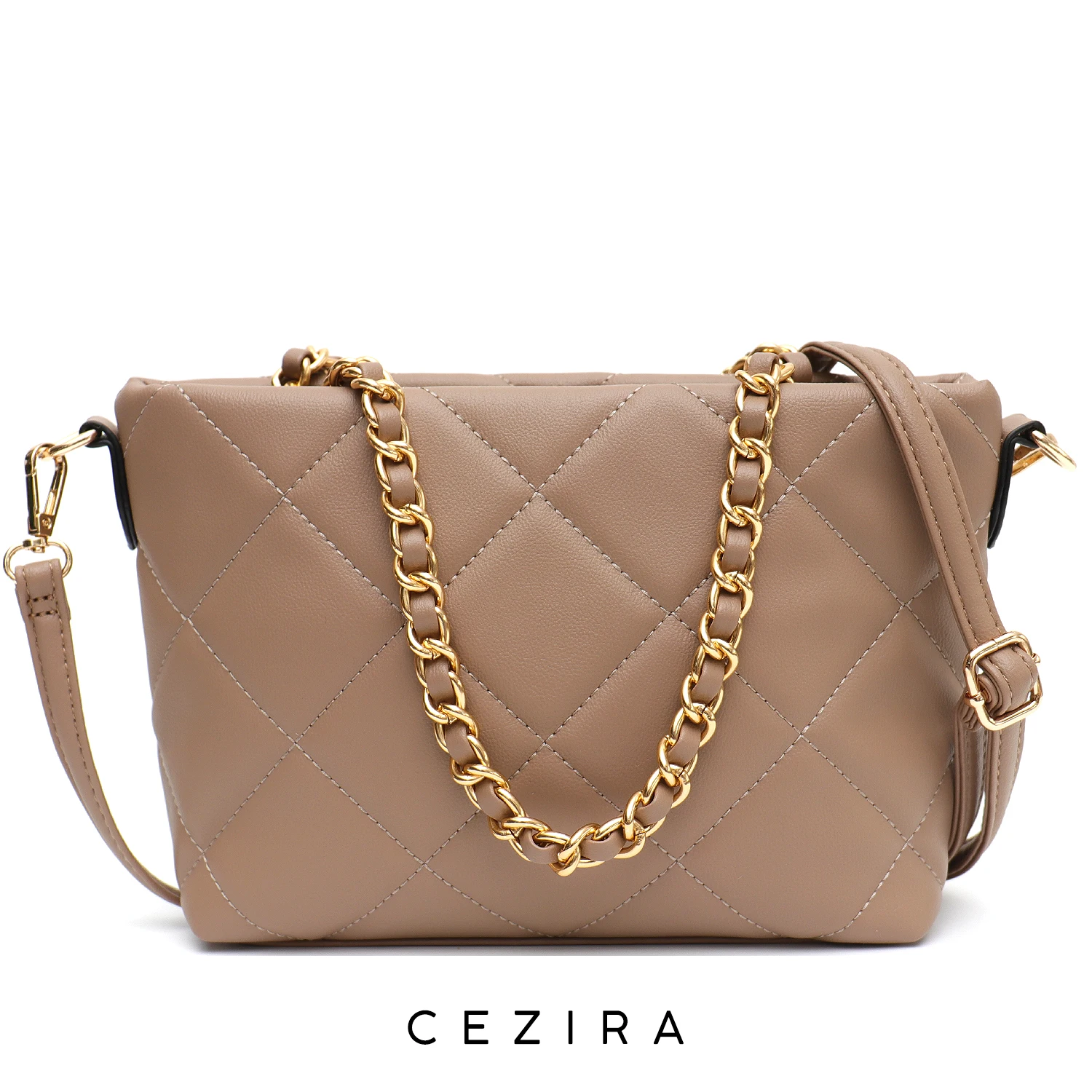 

CEZIRA Luxury Women PU Vegan Leather Tote Quilted Handbag Fashion Metal Chain Thread Lattice Shoulder Bag Daily Crossbody Purse