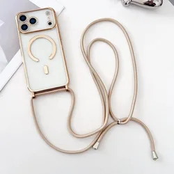 Elegant Magnetic Clear Phone Case with Luxury Necklace Cord and Plated Lanyard - iPhone 15 Plus (Gold)