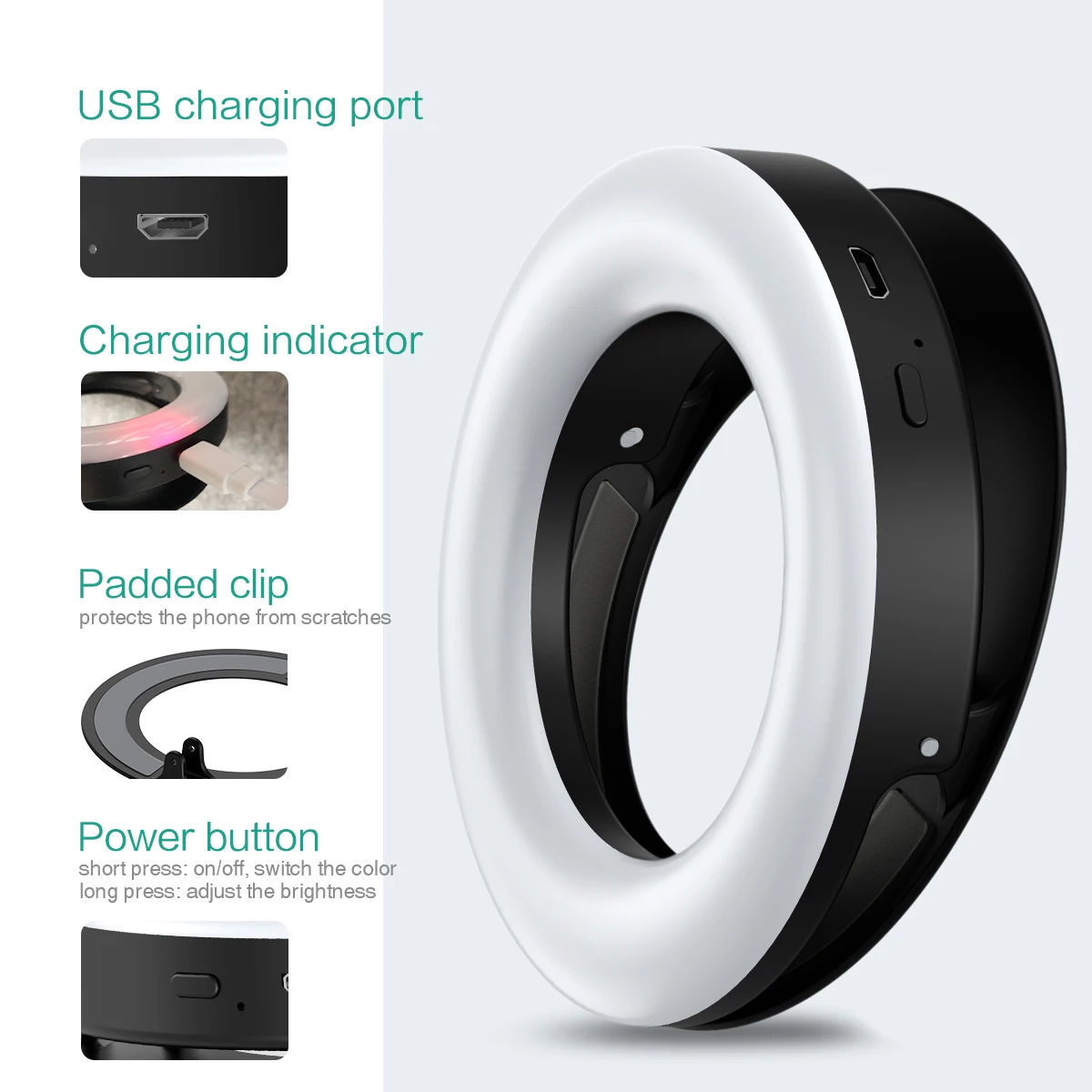 anillo de luz para telefono para selfie con 3 brillos recargable por USB para teléfono/tableta/portátil » anillo de luz para telefono para selfie con 3 brillos