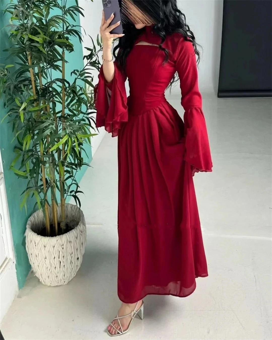 

Red Prom Gown Party Dresses 2024 With Jacket Evening Dress Long Sleeve Chiffon Cocktail Ankle-length Saudi Arabia Formal Dresses