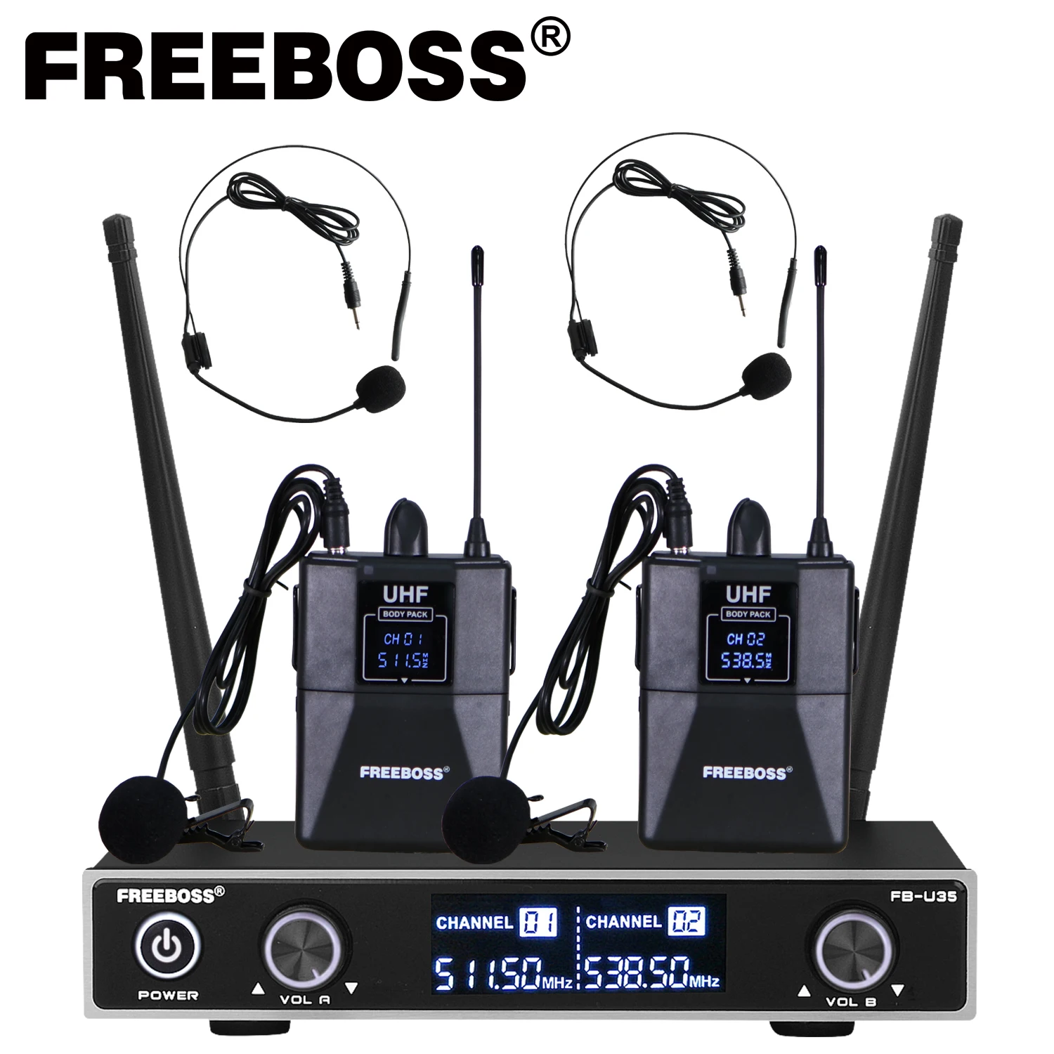 

Freeboss Wireless Microphone 2 Way UHF Fixed Frequency 2pcs Bodypack Transmitter Lavalier Headset Mic Meeting Speech FB-U35H2