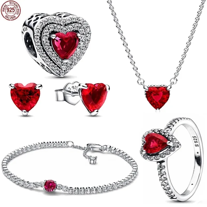 

Лидер продаж, искусственный серебряный шарм, комплект из пяти предметов с рубином в форме сердца, подходит для оригинальных женских украшений «сделай сам», подарки