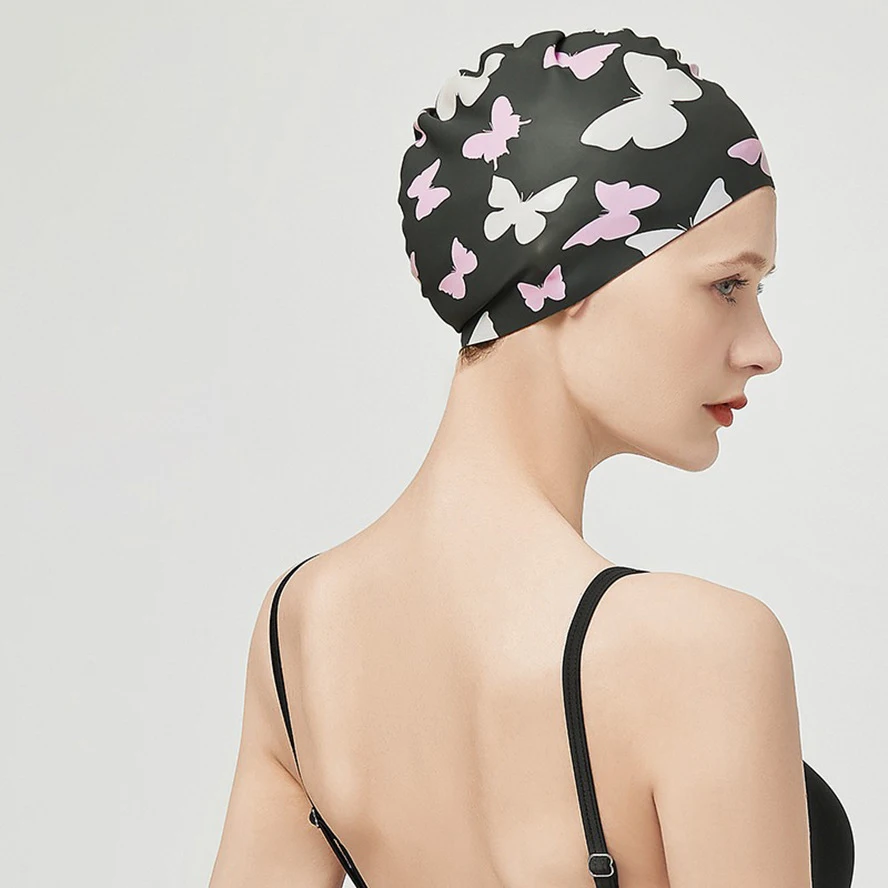 

HKDA Women Swimming Cap Long Hair Ear Protection Waterproof Swimming Hat Elastic Silicone Print Swimming Pool Accessories