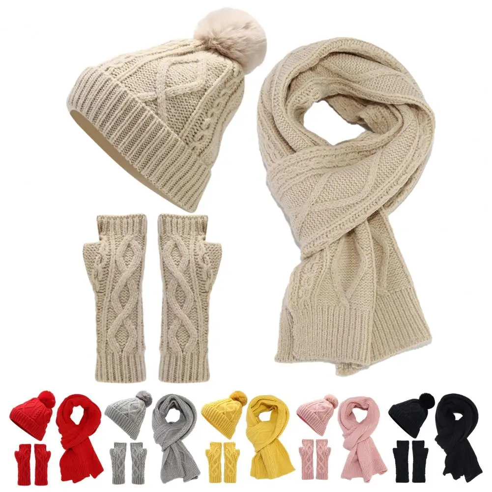 

3Pcs/Set Women Cute Hat Scarf Gloves Set Solid Color Cotton Caps Autumn Winter Warm Plush Ball Beanies Knitted Hat Accessories
