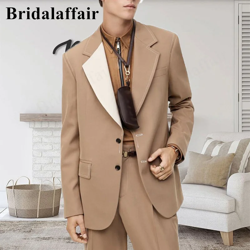 

Bridalaffair Khaki 2022 New Men Casual Boutique Business Collar Suit Male Notched Lapel Jacket Pants Costume Homme Formal Daily