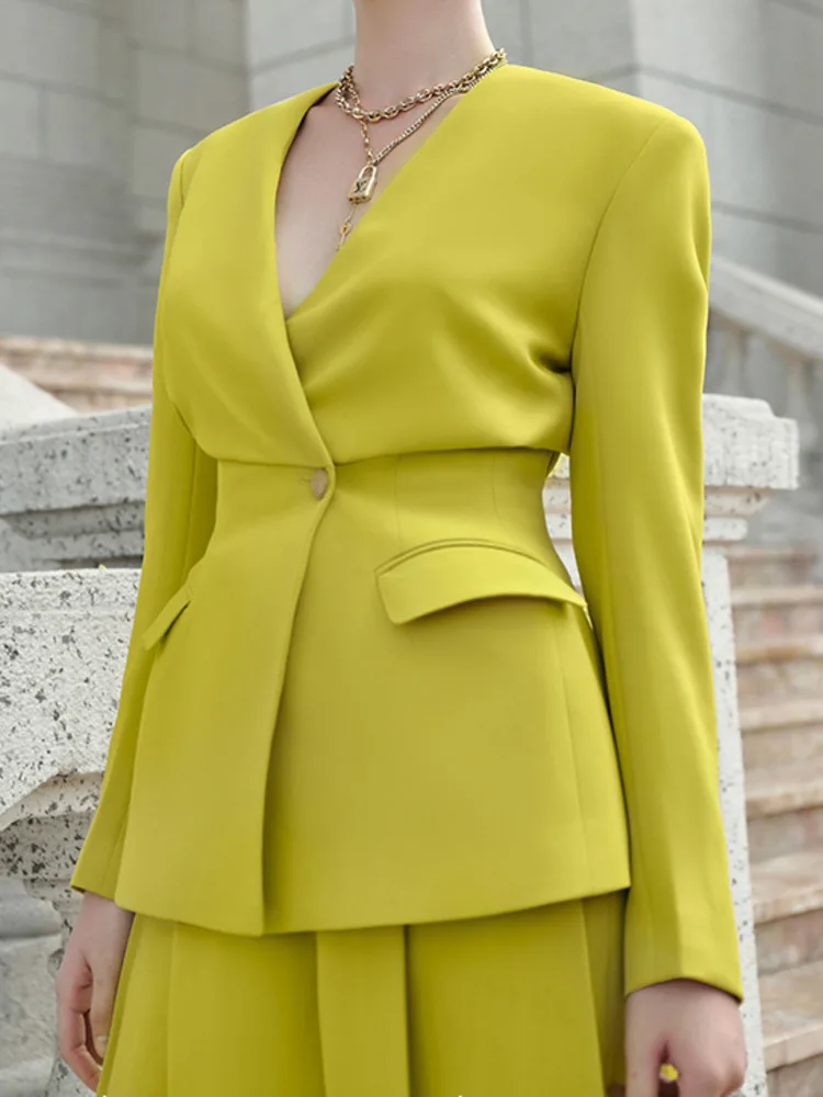 [LANMREM] Elegant Suits 2 Set For Women Gathered Waist Blazers High Waist Pleasted Wide Leg Pants Fashion 2024 New 26D8939