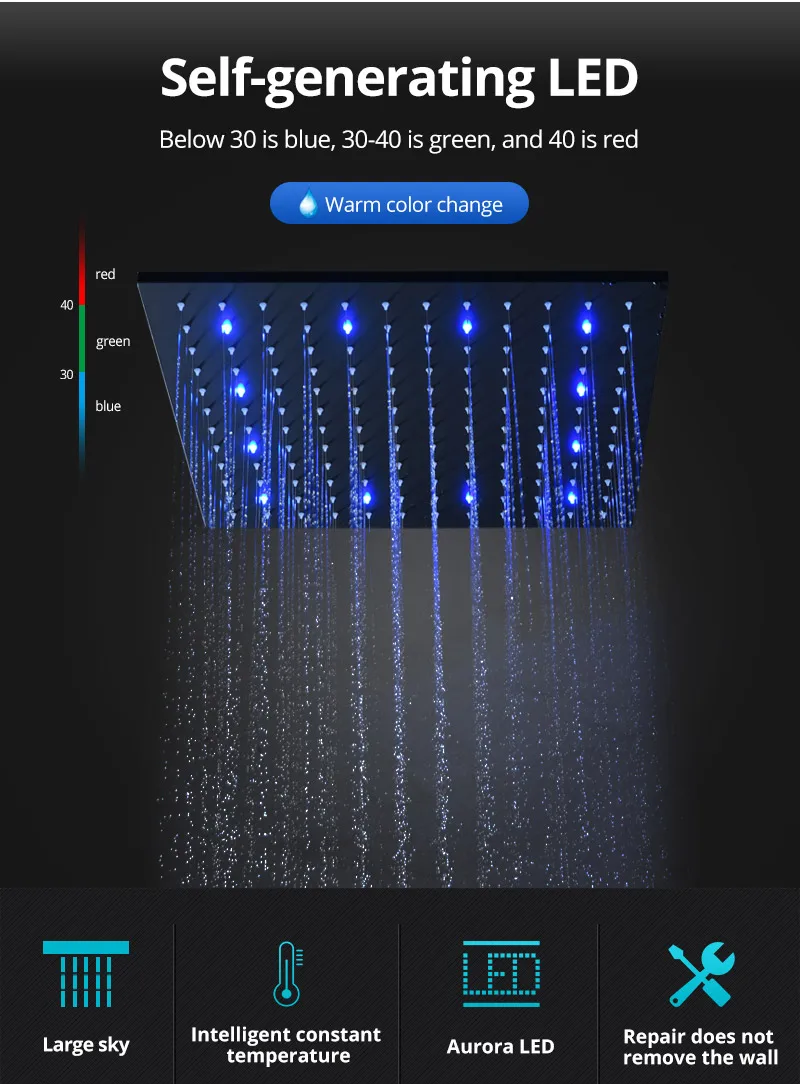 Description Picture 2 of itemhm Modern Ceiling LED Shower System Bathroom Thermostatic Rain Showerhead  With Slide Bar Black Faucets Set