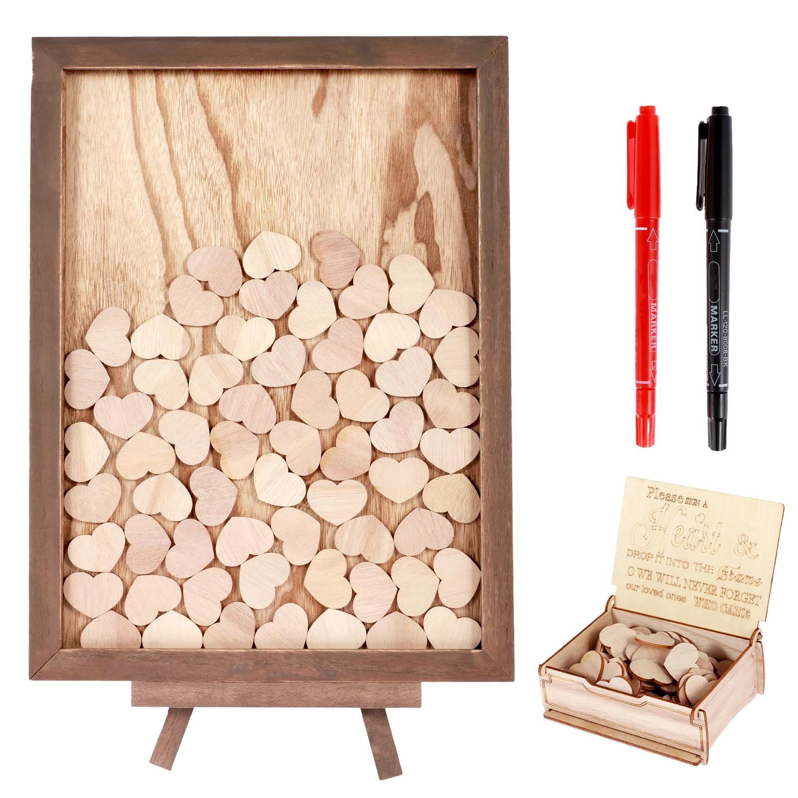 Wooden Wedding Guest Note Book with 100 Heart-Shaped Personalized Wood Frame Drop Box Creative Wedding Decor Guest Sign in Book