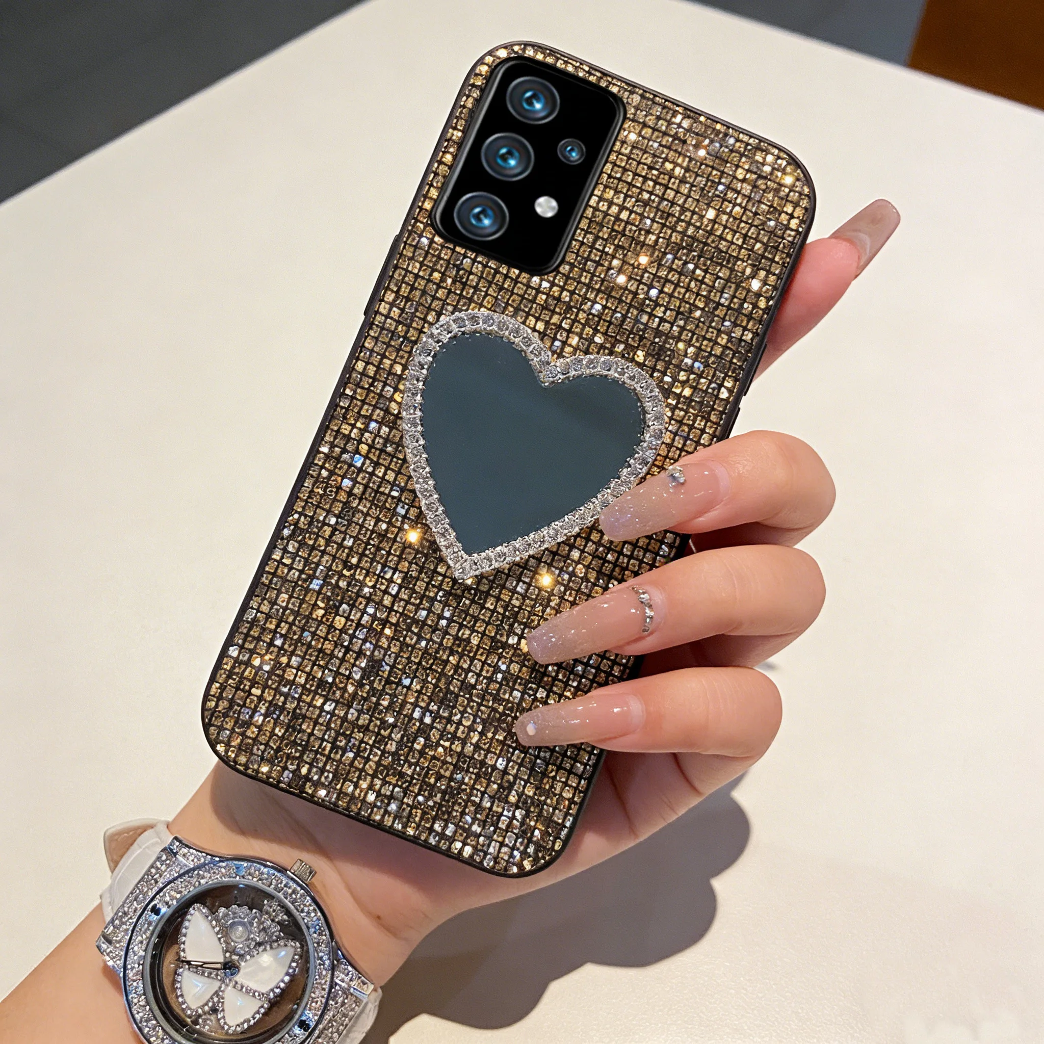 Shiny Gold Grid Pattern Phone Case with Glitter Mirror Shell