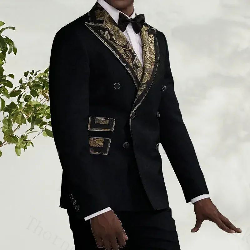 Men Yellow Floral Suits Double Breasted Slim Fit Wedding Business Tuxedo Groomsman (Jacket+Pants)