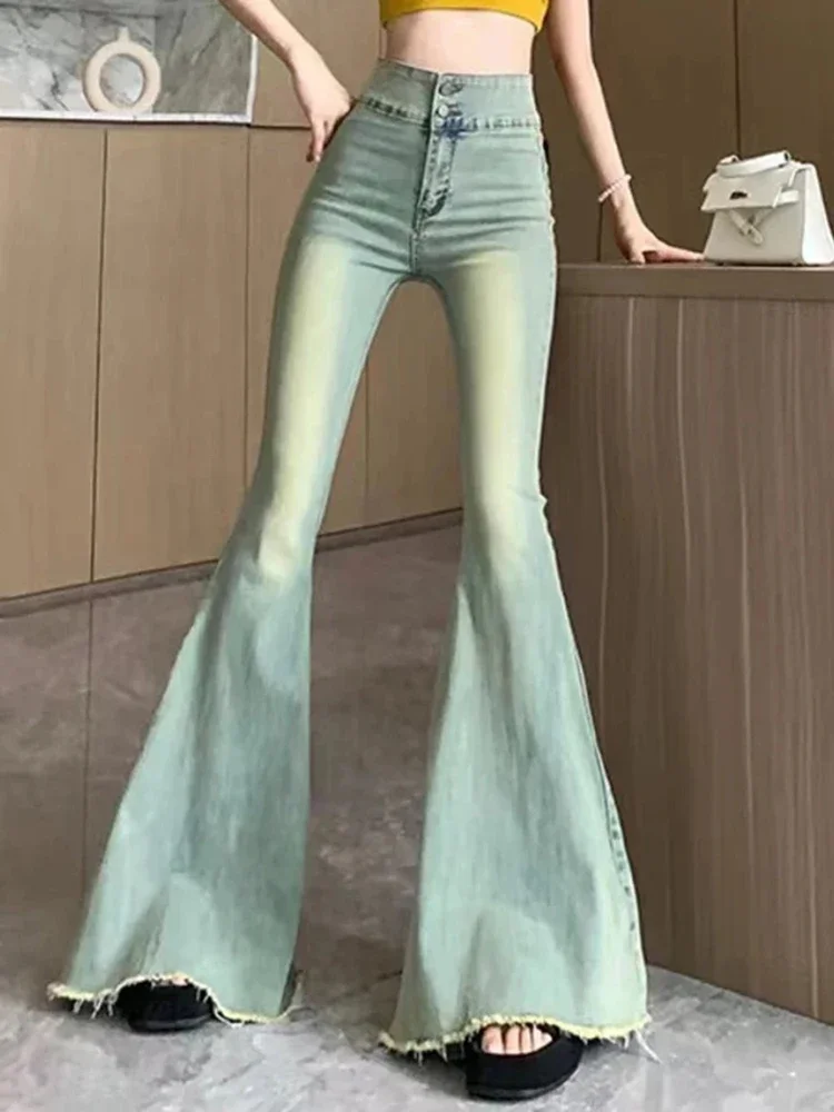 

Vintage Y2K Korean Women's High Waist Slim Denim Pants Solid Hip Hop Streetwear with Raw Edge Flare Jeans Wide Leg Trousers