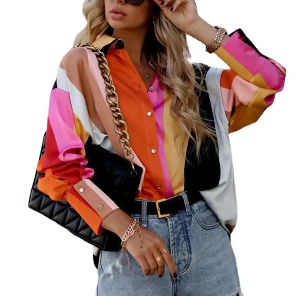 

Women Shirt Spring Fall Colorful Print Lapel Loose Long Lantern Sleeve Buttons OL Commute Style Blouse blusas para mujer 2023
