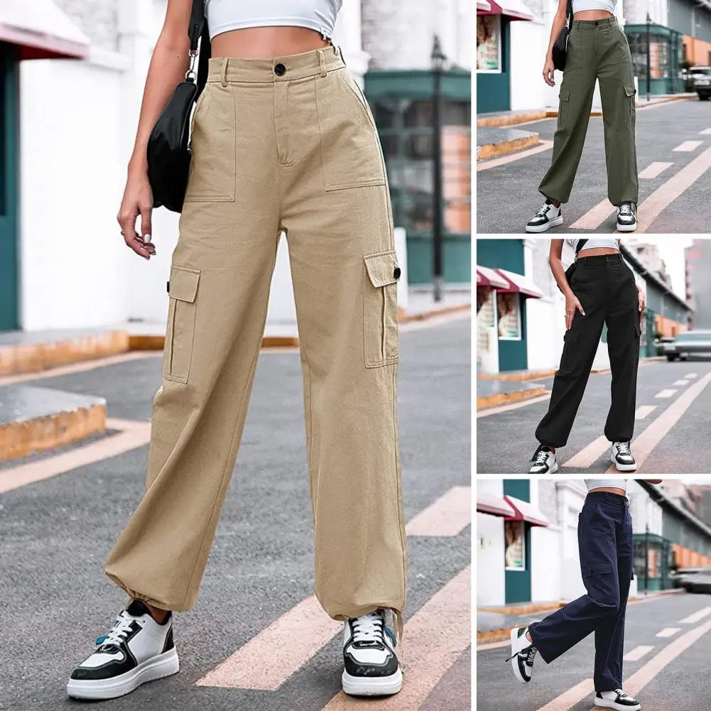 

High Waist Buttons Fly Women Pants Multi Pockets Solid Color Straight Wide Leg Cargo Pants Streetwear