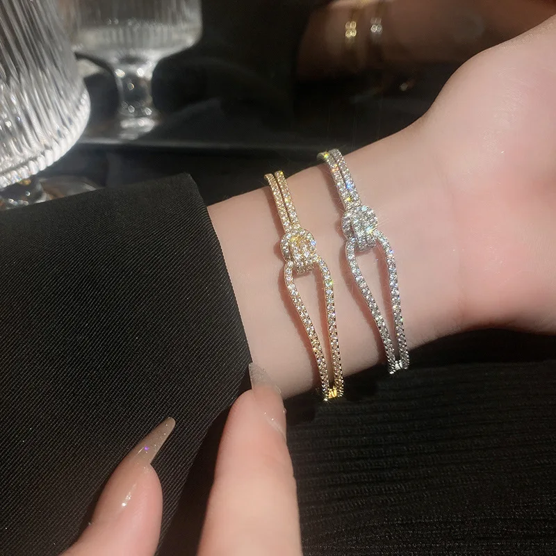 RAKOL Luxury MicroPaved Zircon Geometric Cross Splicing Open Bangles For Women Gold Color Adjustable Double Layer Bangle Jewelry 3