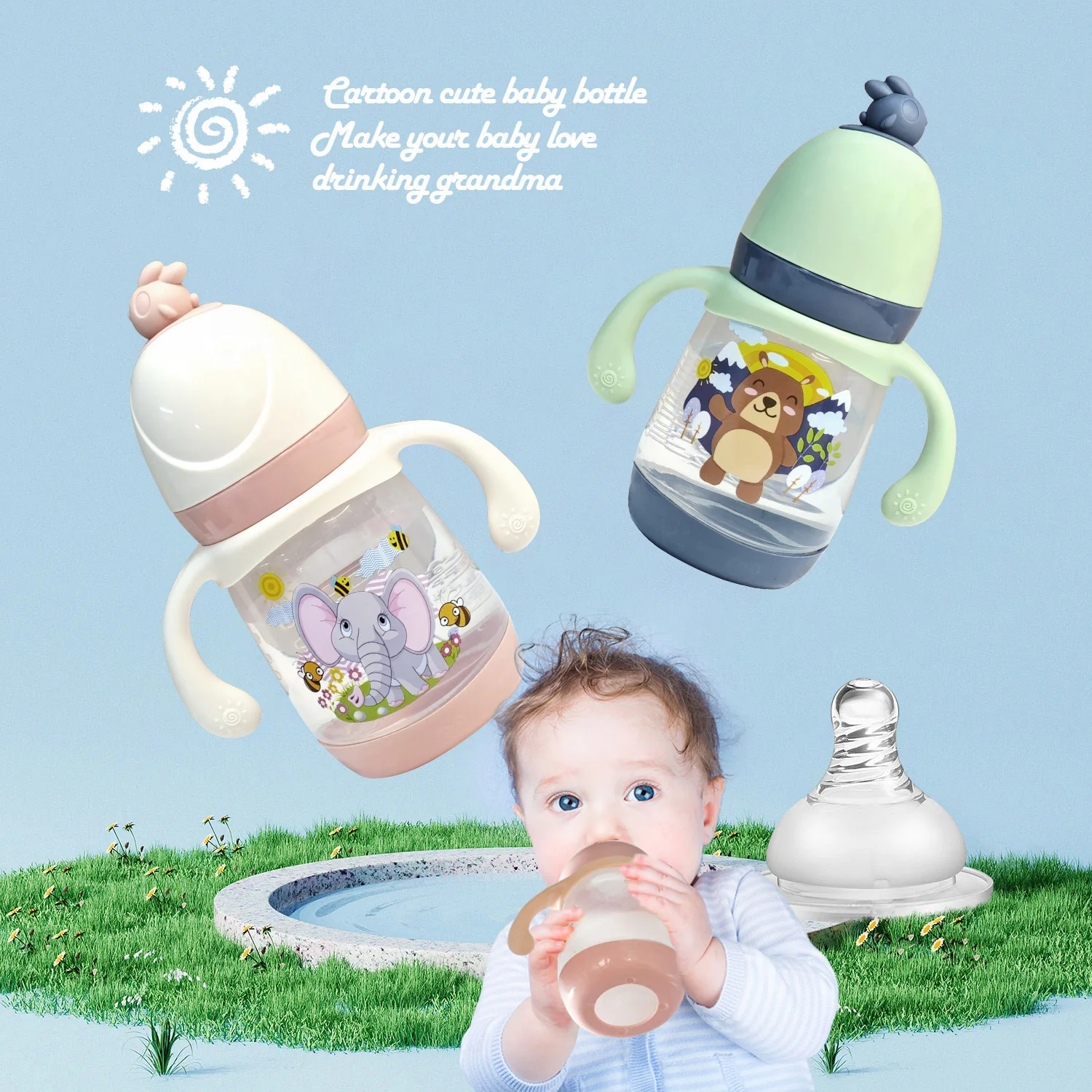 Water Bottle Milk Bottle Feeding Bottle Baby Feeding Utensils 240ml Large Capacity Children's PP Bottle Chicken Shape Early Learning Fun Bottle Silicone Imitation Breastmilk Nipple BPA Free
