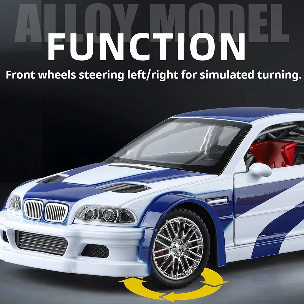 1:24 스케일 M3 GTR E46 325li 모형 자동차 장난감, 도어 개폐 가능, 합금 바디, 충격 흡수, 사운드, 라이트 기능 탑재, 어린이 선물용 모델