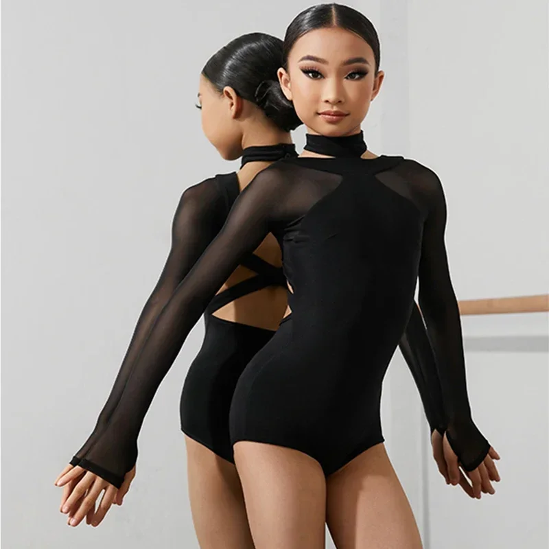 

Kids Latin Dance Clothing Girls Long Sleeves Leotard Black Latin Tops Ballroom Dance Performance Wear Cha Cha Bodysuit DNV17196