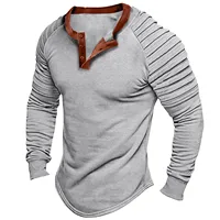 Men's Pleated Wrinkled T-shirts Slim Fit Button O-neck Long Sleeve Tshirt Muscle Solid Casual Tops Henley-shirt Retro Basic Tee