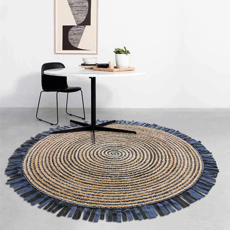 

Living Room Carpet Natural Jute DenimTraditional Hand Knitting Home Decoration Tassel Rug Comfortable Wear Resistant Durable Mat