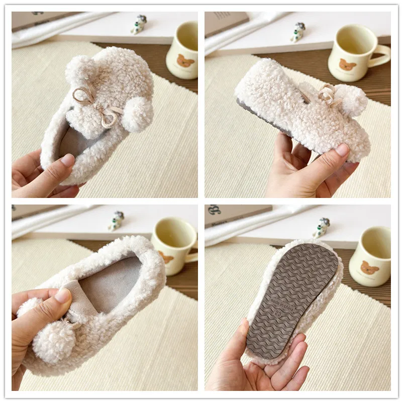 Girls Fuzzy Winter Shoes with Plush Ball Soft Sole