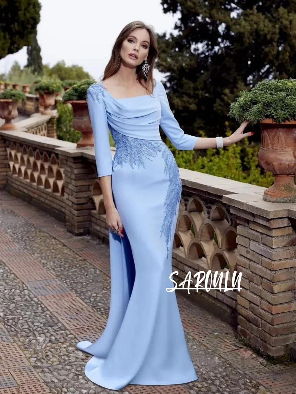 

Haute Couture Ruched 3/4 Sleeves Evening Dress Party Appliques Prom Dresses Elegant Mermaid Sequins Gown Vestido De Gala